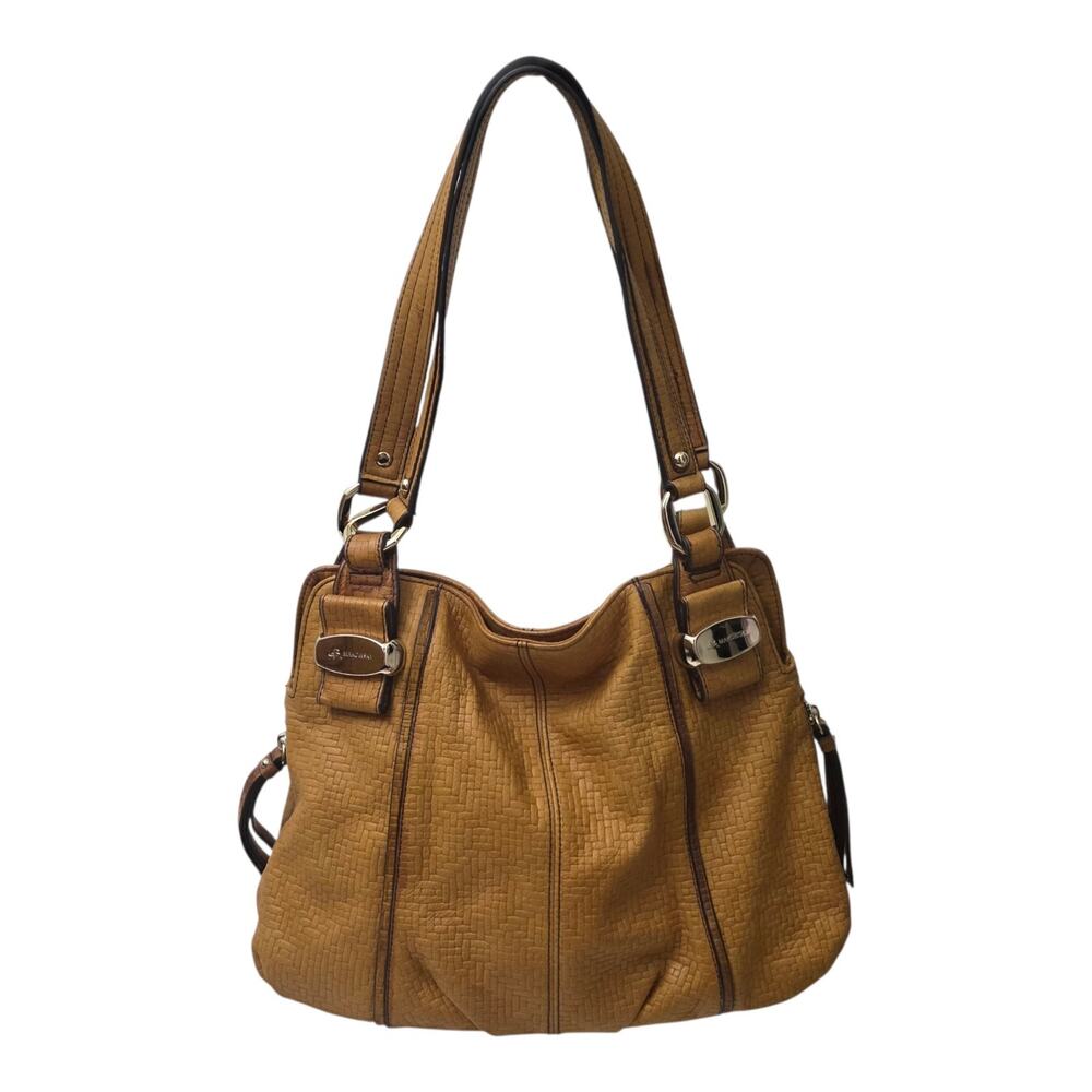 B. Makowsky Soft Pebbled Leather Hobo Shoulder Tote Bag Tan Brown Gold Hardware